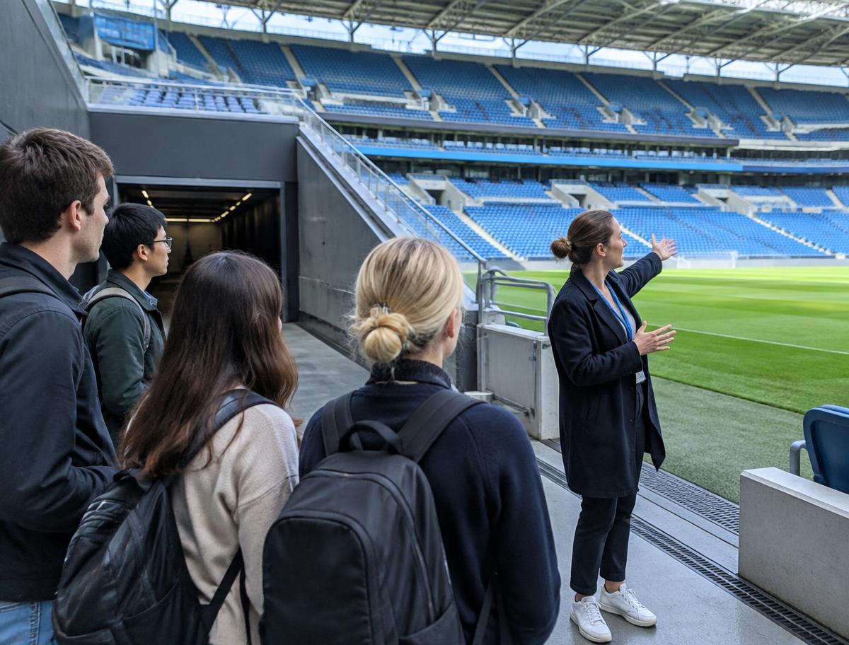 International visitors learning stadium operations at a European football venue